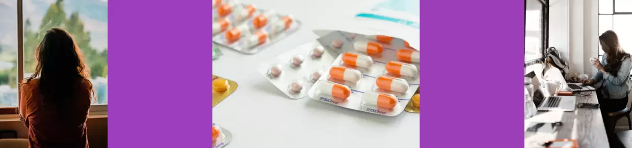 Blasenentzündung: Blasenentzündung: Zwei Bilder mit Frauen und ein Bild mit Antibiotika
